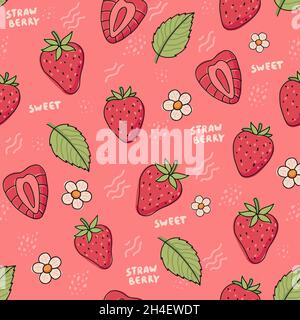 Erdbeermuster. Niedliche bunte Erdbeeren mit Blumen und Blättern im Doodle-Stil, Vektorgrafik Stock Vektor