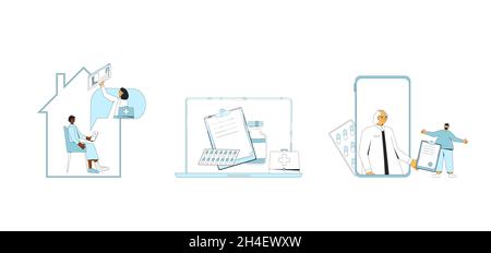 Online-medizinische Beratung Set. Telemedizin. Arzt, Fernberatung. Gesundheitsversorgung über das Internet. Gesundheitsdienstleistungen. Vektorlinien-Grafik. Stock Vektor