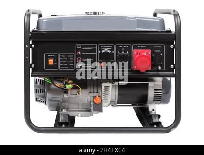 Tragbarer Benzingenerator auf weißem Hintergrund isoliert. Gasgenerator, Vorderansicht. Stockfoto