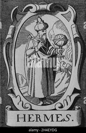 Der Alchemist Hermes Trismegistus. Legendäre hellenistische Figur. Schöpfer der Alchemie. Gravur. Stockfoto