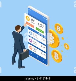 Isometrische Digital Wallet-Technologie für Kryptowährung-Bitcoin. Digitale Wallet-Anwendung auf dem Handy Stock Vektor