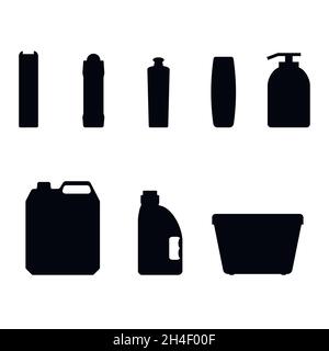 Chemische Botles für Wasch-und Sanitärbereich, Sammlung Desinfektionsflasche für WC und Bad. Vektorwaschmittel-Symbole, Kartonbeutel und Verpackung illustrat Stock Vektor