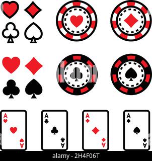 Casino Farbe Symbol gesetzt. Poker-Karten, Würfel und Chips. Einfache Vektorsymbole im modernen Stil. Stock Vektor