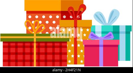 Stapel von Geschenken. Verschiedene Geschenkschachteln in buntem Geschenkpapier Stock Vektor
