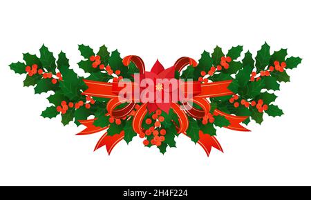 Weihnachtsschmuck. Holly Border Girlande mit Dekoration aus roten Satinbändern, Weihnachtssterne Blume, Beeren isoliert auf weiß. Vektor weihnachten traditio Stock Vektor