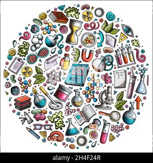 Bunte Vektor Hand gezeichnet Satz von Wissenschaft Cartoon Doodle Objekte, Symbole und Elemente. Runde Komposition Stock Vektor