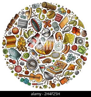 Bunte Vektor Hand gezeichnet Satz von Picknick Cartoon Doodle Objekte, Symbole und Elemente. Runde Komposition Stock Vektor