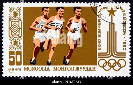 MONGOLEI - UM 1980: Eine in der Mongolei gedruckte Marke zeigt die 22. Olympischen Sommerspiele, Moskau, um 1980 Stockfoto