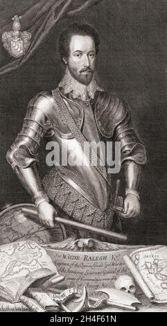 Sir Walter Raleigh, c.1554 – 1618. Englisch landete Gentleman, Schriftsteller, Dichter, Soldat, Politiker, Höfling, Spion und Entdecker. Nach einem Stich aus dem 18. Jahrhundert. Stockfoto