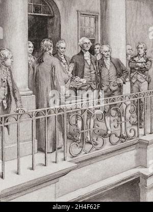 Die Amtseinführung von George Washington am 30. April 1789 als erster Präsident der Vereinigten Staaten in der Federal Hall, New York City. George Washington, 1732-1799. Erster Präsident der Vereinigten Staaten (1789–1797), Oberbefehlshaber der Kontinentalarmee während des amerikanischen Revolutionskrieges und einer der Gründungsväter der Vereinigten Staaten. Nach einer Illustration von Irving Wiles. Stockfoto