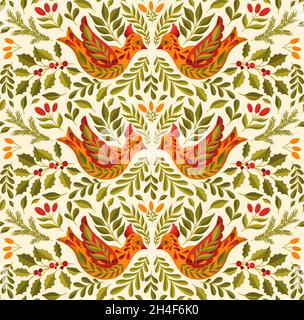 Muster nahtlose Weihnachten 2022 Vogel Tier.Zweige Blätter elegante Weihnachten Design. Stock Vektor