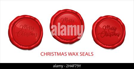 Weihnachten rot Wachs Siegel Stempel mit Aufdruck von Glückwünschen frohe weihnachten und Frohes neues Jahr. Vector Xmas Wachs Dichtungen auf weiß isoliert gesetzt Stock Vektor