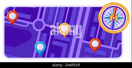 Stadtplan-Hintergrund-Design mit Markierungen und Fahnen. Darstellung von Straßen, Straßen und Gebäuden. Bild für Geographie und Kartographie, Reisen und Stock Vektor