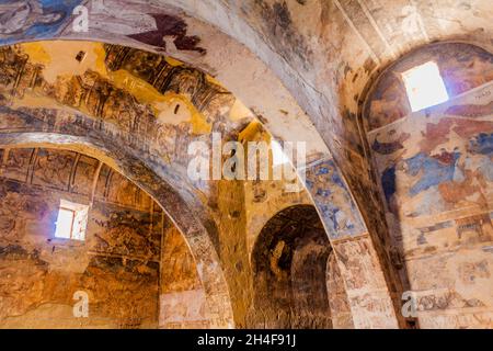 QUSAYR AMRA, JORDANIEN - 3. APRIL 2017: Fresken in Qusayr Amra manchmal Quseir Amra oder Qasr Amra , einem der Wüstenburgen im östlichen Jordanien Stockfoto