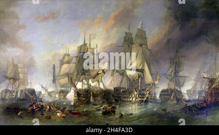 EUROPA - die Schlacht von Trafalgar kämpfte vor Cádiz im Atlantischen Ozean nahe Südspanien vom Künstler William Clarkson Stanfield. Die Schlacht von Traval Stockfoto