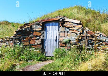 Alter Steinwurzelkeller mit Holztür, Elliston, Neufundland. Stockfoto