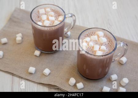 Hausgemachte heiße Schokolade mit Mini-Marshallows, Seitenansicht. Stockfoto