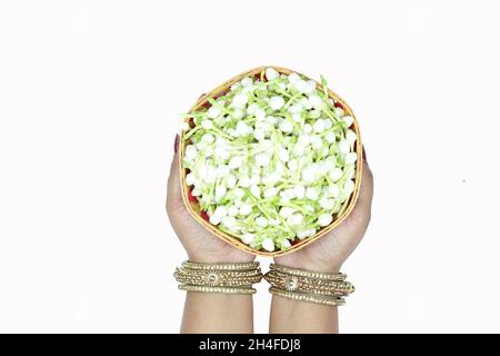 Hände Des Mädchens In Bangles Chhodi Hält Jasminknospen Blumen Im Bambuskorb Genannt Beli Phool Ki Puja Tokri Oder Dalia Für Gajra Dekoration Stockfoto