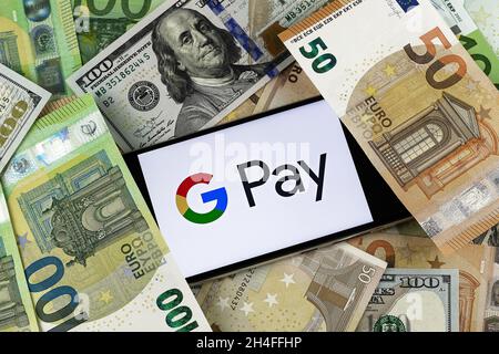 Google Pay Editorial. Illustratives Foto für Nachrichten über Google Pay - eine digitale Wallet-Plattform und Online-Zahlungssystem Stockfoto