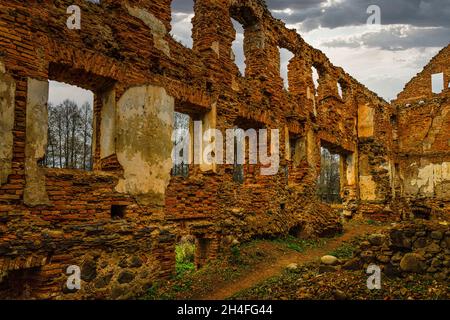 Die Ruinen des alten Herrenhauses aus rotem Backstein. Republik Paulava, Litauen Stockfoto