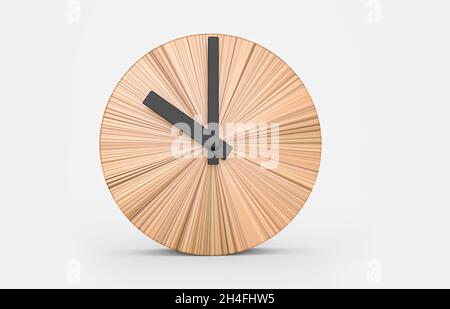 Minimalistische runde Wanduhr aus Holz mit 10-Uhr-Anzeige auf weißem Hintergrund Stockfoto
