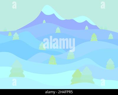 Winterlandschaft im Stil des Minimalismus. Schneebedeckte Hügel und Berge mit Tannen. Verschneite, wellige Landschaft. Design für Drucke und Poster, pro Stock Vektor