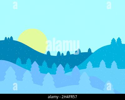 Winterlandschaft im Stil des Minimalismus. Schneebedeckte Hügel und Berge mit Tannen. Verschneite, wellige Landschaft. Design für Drucke und Poster, pro Stock Vektor