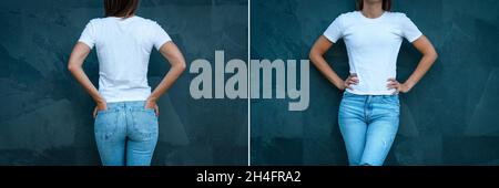 Frau im weißen T-Shirt auf grauem Hintergrund. Vorder- und Rückansicht. Weißes T-Shirt im Modell Stockfoto