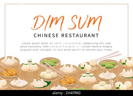 Dim Sum Dampfknödel Restaurant Flyer Vorlage, Menü Cover, Banner, Poster. Bannerdarstellung mit traditionellen chinesischen Dampfknödeln in bam Stock Vektor