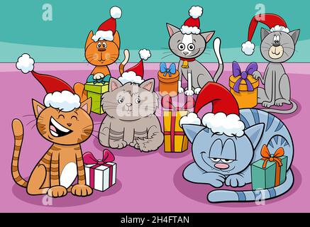 Cartoon-Illustration von Katzen und Kätzchen Tierfiguren Gruppe mit Geschenken auf Weihnachtszeit Stock Vektor
