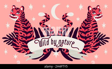 Asian Tiger symmetrische Zusammensetzung, Vektor-Tiger, und Palmblätter und wild von Natur Text in Cartoon asiatischen Stil. Vektor mit organischem, flachem Stil Stock Vektor