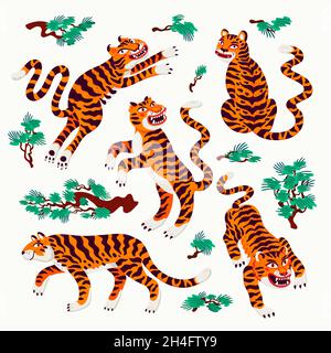 Tiger Vektor-Set, Tiger in verschiedenen Posen und japanische Kiefernzweige in Cartoon-asiatischen Stil. Vektorgrafik im organischen flachen Stil. Stock Vektor