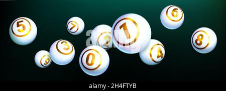 Realistischer Bingo Lotto-Spielball der gewinnenden Kombination. Lotterie- oder Keno-Glücksspiele. Weiße glänzende Kugeln mit goldenem Text von Zahlen isoliert auf dunklem Hintergrund. Konzept der Spielfreizeitbeschäftigung. Stock Vektor
