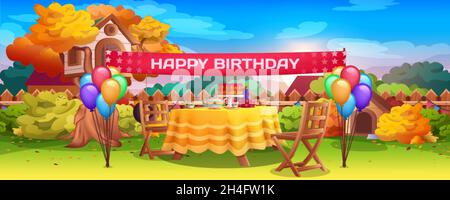Geburtstag draußen Party Dekoration auf dem Hinterhof. Festlicher Tisch mit Kuchen, Kerzen, Luftballons. Kinderfest auf Rasen vor dem Holzzaun. Vektor-Cartoon-Illustration des Herbstgartens. Stock Vektor