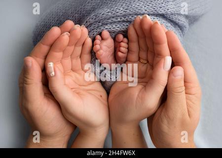 Beine, Zehen, Füße und Fersen eines Neugeborenen. Mit den Händen der Eltern, Vater, Mutter hält sanft die Beine des Kindes. Stockfoto