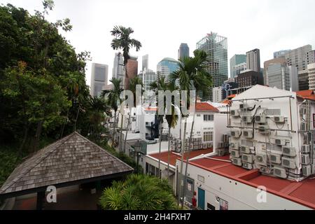 Ann Siang Hill Park in Singapurs Chinatown-Viertel. Ein öffentlicher Park mit Bäumen und Bänken und Blick auf die Wolkenkratzer des Finanzviertels von Singapur. Stockfoto