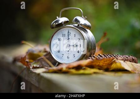 Zeitumstellung von Sommerzeit auf Winterzeit im Herbst, Wecker im Laub - Zeitumstellung von Sommer- auf Winterzeit im Herbst, Wecker in den Blättern Stockfoto