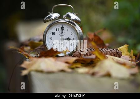 Zeitumstellung von Sommerzeit auf Winterzeit im Herbst, Wecker im Laub - Zeitumstellung von Sommer- auf Winterzeit im Herbst, Wecker in den Blättern Stockfoto