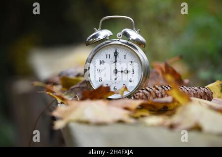 Zeitumstellung von Sommerzeit auf Winterzeit im Herbst, Wecker im Laub - Zeitumstellung von Sommer- auf Winterzeit im Herbst, Wecker in den Blättern Stockfoto