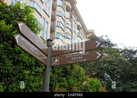 Ein Fußgängerschild in der Nähe des Ann Siang Hill Parks in Singapurs Chinatown mit Wegweisern zur Amoy Street, Telok Ayer Green und Ann Siang Road. Stockfoto