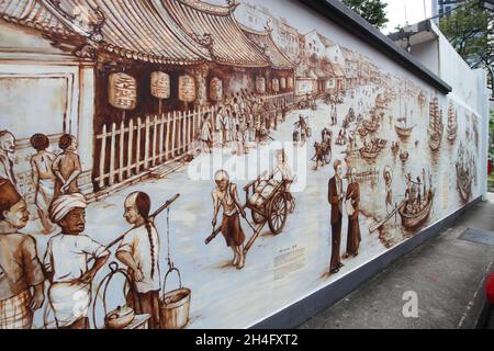 Thian Hock Keng Mural: Die Geschichte eines Einwanderers. Dieses Wandbild ist auf die äußere Rückwand des Thian Hock Keng-Tempels in Singapurs Chinatown gemalt. Stockfoto