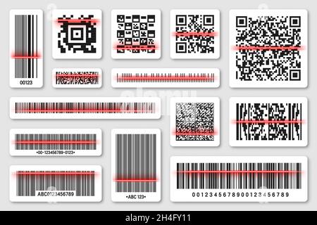 Produkt-Barcodes und QR-Codes mit roter Scanlinie. Identifizierungscode. Seriennummer, Produkt-ID mit digitalen Informationen. Speichern Stock Vektor
