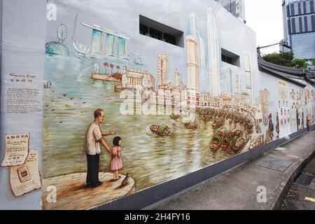 Thian Hock Keng Mural: Die Geschichte eines Einwanderers. Dieses Wandbild ist auf die äußere Rückwand des Thian Hock Keng-Tempels in Singapurs Chinatown gemalt. Stockfoto