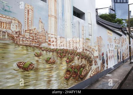 Thian Hock Keng Mural: Die Geschichte eines Einwanderers. Dieses Wandbild ist auf die äußere Rückwand des Thian Hock Keng-Tempels in Singapurs Chinatown gemalt. Stockfoto