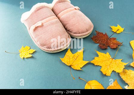 Warme und komfortable Hausschuhe mit gelben Blättern auf grünem Hintergrund. Rosa Farbe. Stockfoto