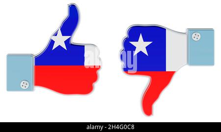 Chilenische Flagge auf der Hand mit Daumen nach oben und Daumen nach unten gemalt. Wie und Abneigung in Chile, Konzept. 3D-Rendering auf weißem Hintergrund isoliert Stockfoto