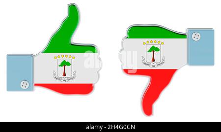 Äquatoguineafahne auf der Hand mit Daumen nach oben und Daumen nach unten gemalt. Wie und Abneigung in Äquatorialguinea, Konzept. 3D-Rendering isoliert auf w Stockfoto