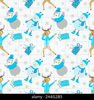 Weihnachtsvektor nahtloses Muster mit niedlichen Schneemännern, Hirschen und Pinguinen. Neujahrsmuster Stock Vektor