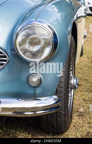 Nahaufnahme des vorderen linken Scheinwerfers und des Flügels eines silberblauen Austin-Healey 100-6 British 1950er Open Top-Sportwagens Stockfoto