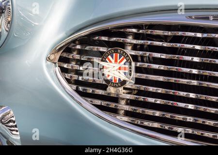 Nahaufnahme eines Healey Owners Club-Emblems auf dem Kühlergrill eines silberblauen Austin-Healey 100-6 British 1950er Open Top-Sportwagens Stockfoto